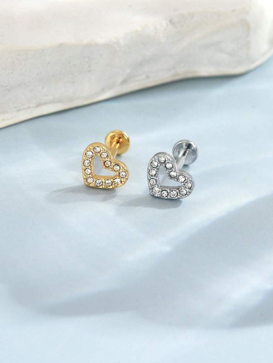 1pc/2pcs Exquisite Hollow Heart-Shaped CZ Pave Flat Back Piercing Studs, 316L Hypoallergenic Stainless Steel Internal Thread Body Piercing Jewelry, Shiny Stackable Ear Cartilage/Helix/Lip Body Jewelry - Heart-shaped - View 1