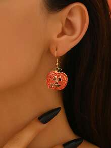 2pcs Halloween Earrings Rhinestone Pumpkin Head Alloy Earrings Jewelry Suitable For Women Daily, Holiday Party Gathering Wear - Yellow Gold - View 5