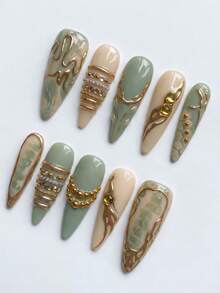 10pcs Handmade Long Pointed Press-On Nails, Y2K Liquid Gold Swirl Layered French Tip, With Nail Art Decor, Removable And Reusable Nail Set (Includes Jelly Glue And Nail File) - Yellow-green - View 4