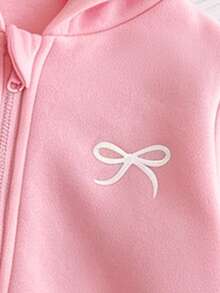 Baby Girls 2pcs Set Grey & Pink Bow Print Minimalist Long Sleeve Hooded Zip-Up Jacket, Solid Color Ribbed Cuffs Casual Fashion Outdoor Cardigan Top - Multicolor - View 4