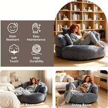 Lazy Sofa, Single Seat Bean Bag Sofa Chair, High-Back Durable Chenille Soft Recliner, Upholstered Lounge Sofa Chair, Includes 3 Pillows, Indoor/Outdoor Use, No Assembly Required, Suitable For Living Room, Bedroom And Apartment(Dark Gray) - 灰色 - 查看 8