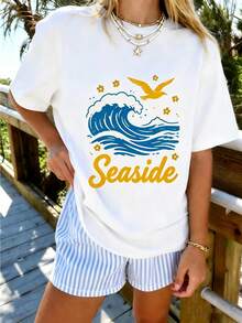 Women's Oversized Coastal Graphic T-Shirt, Vintage Ocean Wave Print, Casual Short Sleeve Crew Neck Tee, Soft And Breathable - Pink - View 8