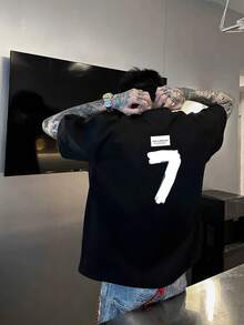 Men's Loose Printed Short Sleeve T-Shirt, Loose Type, Machine Washable, Printed Letter Pattern Design - Black - View 1