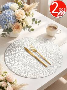 Tkvega • Home 12入金色葉片餐墊，PVC材質3D壓紋圓形奢華風隔熱墊，精美花瓶墊 38cm，可水洗易清潔可擦拭，防滑耐熱，適合房間裝飾、居家餐桌裝飾與家居佈置，適合節日、派對、生日、婚禮及晚餐聚會 - 彩色 - 查看 11