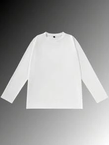 Men Spring Autumn Solid Color Drop Shoulder Long Sleeve Tee, Loose Fit Basic Crew Neck Casual Undershirt - White - View 4