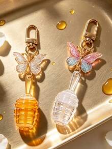Cute Honey Lip Oil Bottle Keychain With Butterfly Pendant, Lip Gloss Bottle Bag Charm, Travel Refillable Bottle, Lipstick Tube, Empty Lip Gloss Container - Multicolor - View 2