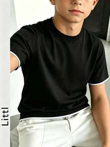 Boys Colorblock White Sleeve Pure Black Short Sleeve T-Shirt, Minimalist Round Neck Loose Fit Basic Kids T-Shirt - Black - View 8