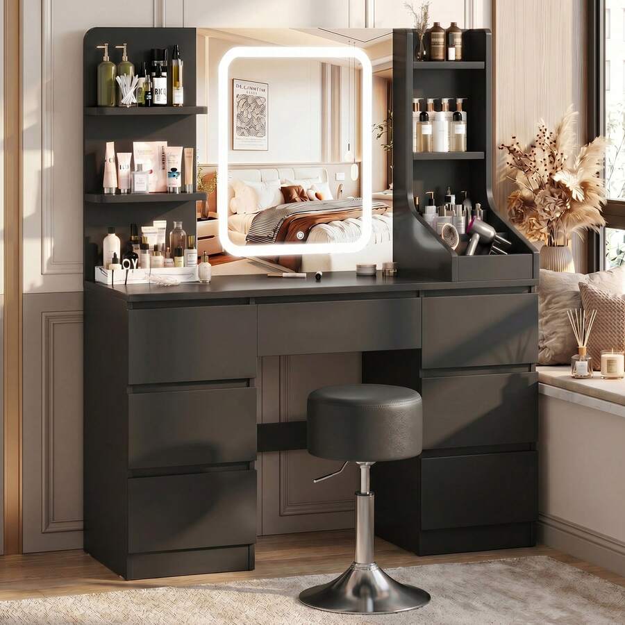 Devoko Modern Dressing Table With LED Mirror, 3 Light Colors And Dimmable Brightness, Vanity Table With 7 Drawers, Open Shelves And Optional Stool, Dressing Cabinet For Bedroom, White/Black/Pink/Vintage - Black and Dark Gray Stool - View 1