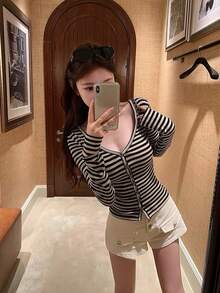 Minimalist Commute Lyocell V-Neck Striped Slim Fit Women's Top Black - Black - View 5