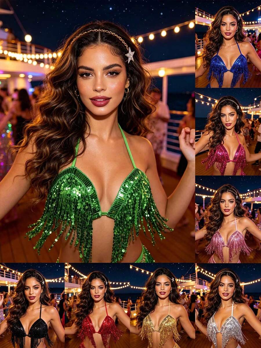 Belly Dance Jazz Sequin Fringe Halter Fitted Performance Crop Top (Multiple Colors Available) - Multicolor - View 1