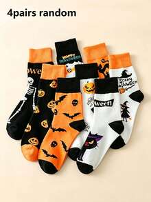 1/4 Pairs Random Women's Halloween Bat, Pumpkin, Skull Pattern Mid-Calf Socks, Soft Fashionable Sweat-Absorbent Breathable, Suitable For Halloween Party, Gift, All Seasons - Multicolor - View 6