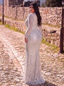 Elegant Plus Size Sequin Mermaid Gown For Women, Long Sleeve Round Neck Beaded Formal Evening Party Dress - Apricot - View 2