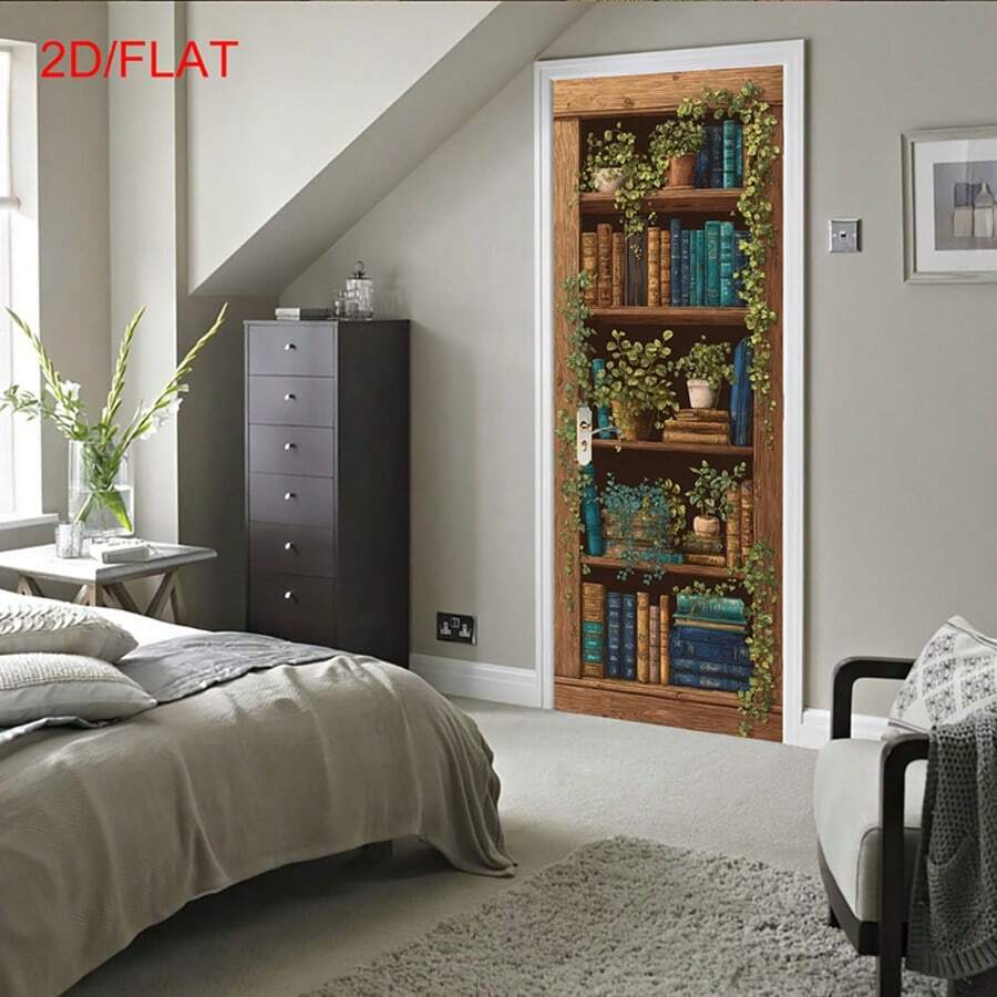 2Pcs/Set Vintage Fake Bookshelf Door Stickers Cottage Core 2D Visual Ivy Plant Bookcase Removable PVC Illusion Vertical Wall Decals For Bedroom Hidden Door Home Decor - A - View 1