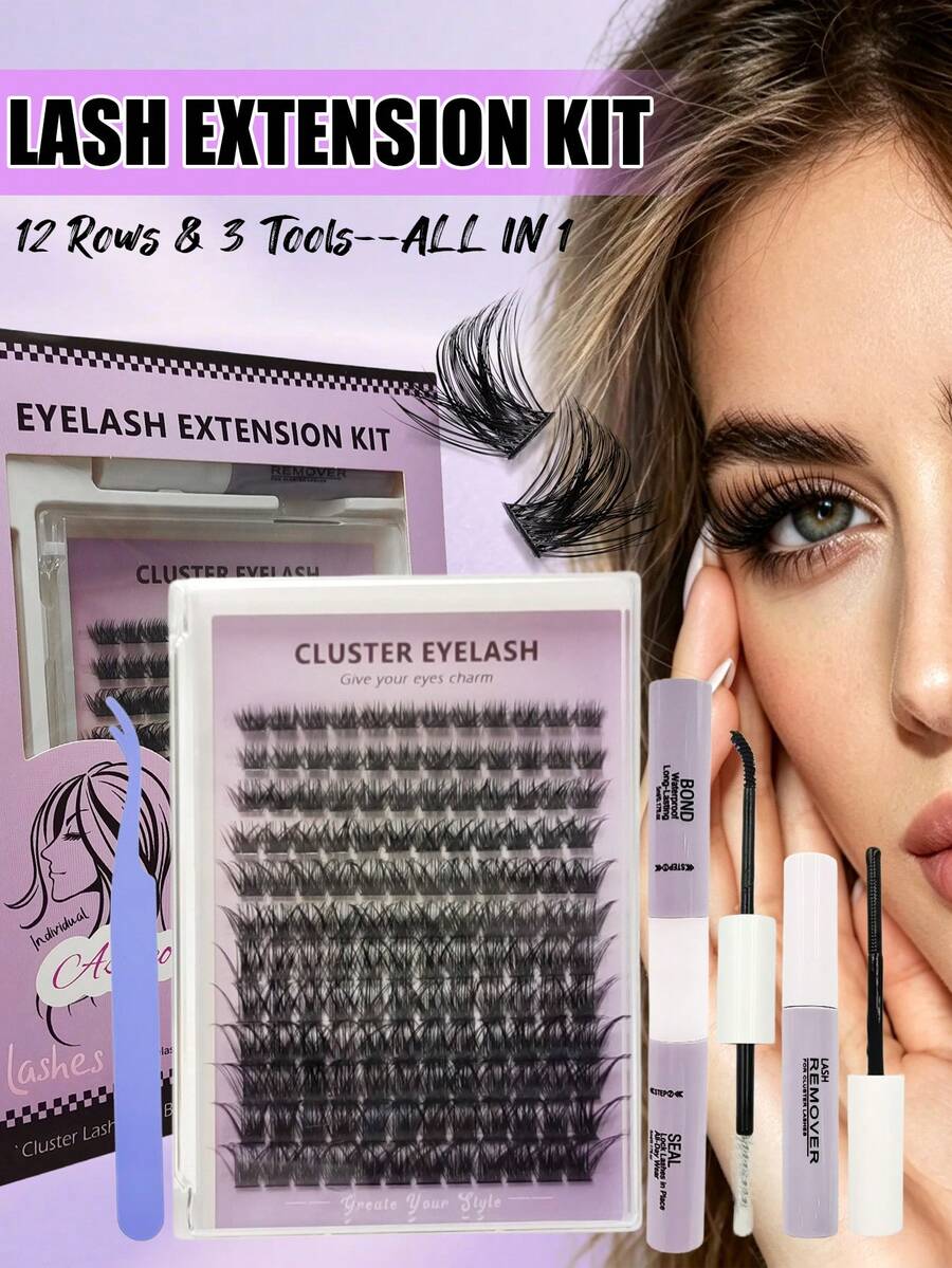 Asiteo 144pcs DIY Eyelash Extension Kit, Includes D Curl Single Lash, Bond & Seal Lash Glue, Lash Remover And Tweezers, Suitable For Home DIY Various Lash Styles, Suitable For Beginners - Multicolor - View 1