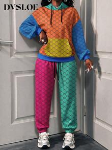 DVSLOE Women's Autumn/Winter Y2K Color Block Geometric Print Casual 2 Pieces Set, Drawstring Hoodie + Joggers, Suitable For Daily Commute, Date, Gathering, Streetwear - Multicolor - View 2
