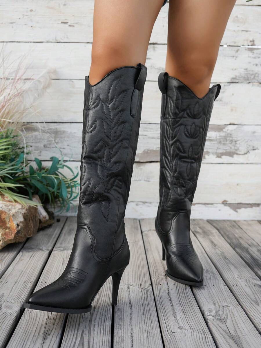 Women's Fashion Tall Boots, Premium PU Material Side Zipper Solid Color French British Style Riding Boots. Elegant Exquisite Belt Buckle Rivet Decor Fashion Cool Western Boots Elastic Boots - Black - View 1