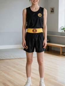 1PC Martial Arts Sanda Boxing Combat Training Outfit Costume, Suitable For COSPLAY Role Play, Suitable For Martial Arts Performance, Competition, Daily Sports Wear, Includes Top + Shorts - Black - View 1