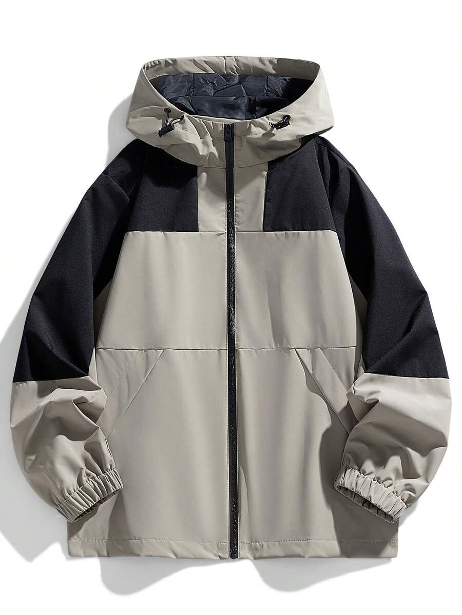 Plus Size Men's Long Sleeve Spring & Autumn Color Block Zip-Up Hooded Jacket - Grey - View 1