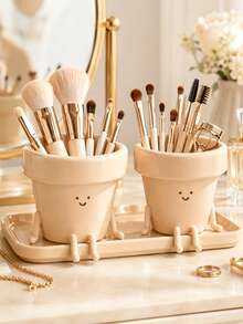 Fun Flower Pot Shaped Makeup Brush Holder, Single Cute Face Cosmetic Storage Box, Multi-Functional Makeup Tool & Pencil Holder Cup, Bedroom Vanity Bathroom Countertop Office Desk Decor - View 6