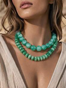 1/2pcs Green Marble Pattern Beads Women's Exaggerated Necklace, Flat And Round Resin Beads Necklace, Chunky Collar Exaggerated Jewelry - Multicolor - View 1