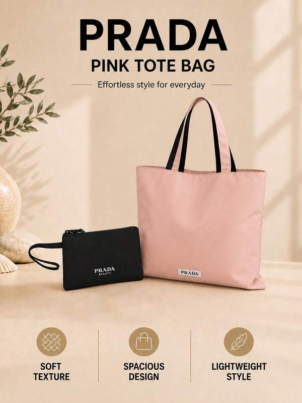 Bolso tote rosa Prada, bolso grande con monedero pequeño, tejido suave y gran capacidad, ideal para el uso diario y desplazamientos