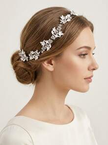 1pc Silver Leaf Bridal Headband With Free Hair Pins, Rhinestone Floral Wedding Hair Vine, Elegant Soft Hair Accessory For Bride Prom Evening Party - Multicolor - View 3