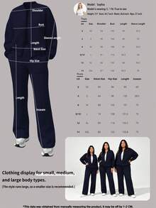 2pcs Casual Solid Color Sweatshirt Jacket Top And Straight Leg Pants Set, Soft Fleece Fabric, Suitable For Spring, Autumn And Winter Elegant - Navy - View 7