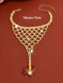 Vòng tay chuỗi tích hợp nhẫn lưới đính đá rhinestone thời trang cá tính mới - Vàng - Xem 3