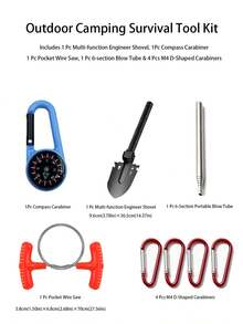 1 Set Outdoor Camping Survival Tool Kit, Folding Entrenching Shovel With Compass, Wire Saw, Blow Tube, D-Shaped Buckle - Multicolor - View 13
