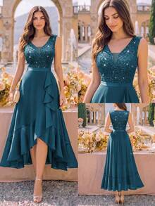 MIUSOL Deep V-Neck Lace Sequin Ruffle Hem High-Low Hem Chiffon Formal Party Maxi Dress, Suitable For Wedding Guest, Graduation Ceremony, Gala Spring - Dusty Blue - View 2
