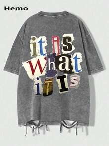 Camiseta de manga corta con cuello redondo, asimétrica y con flecos, de estilo vintage lavada - Gris - Ver 1