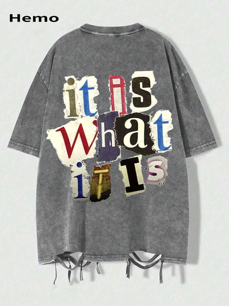 Camiseta de manga corta con cuello redondo, asimétrica y con flecos, de estilo vintage lavada - Gris - Ver 1
