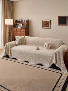 1pc Minimalist Striped Chenille Sofa Cover With Tassels, Machine Washable, All-Season Sofa Slipcover, Dust-Proof Furniture Protector, Pet-Friendly, Perfect For Home Decor - Beige - View 8