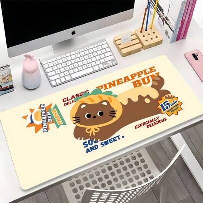 1pc Extra Large Pineapple Bun Cute Brown Cat Pattern Mouse Pad, Soft Fabric Keyboard Mat With Non-Slip Rubber Bottom And Stitched Edges. Cute Vintage Food Cartoon Illustration Aesthetic, Suitable For Gaming, Home Office And Study Scenarios.