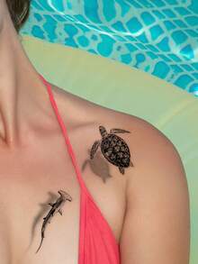 Black 3D Minimalist Marine Life Turtle Shark Pattern Party Gift DIY Concert Holiday Gift Temporary Waterproof Tattoo Stickers For Arm Shoulder Neck Collarbone - Black - View 3