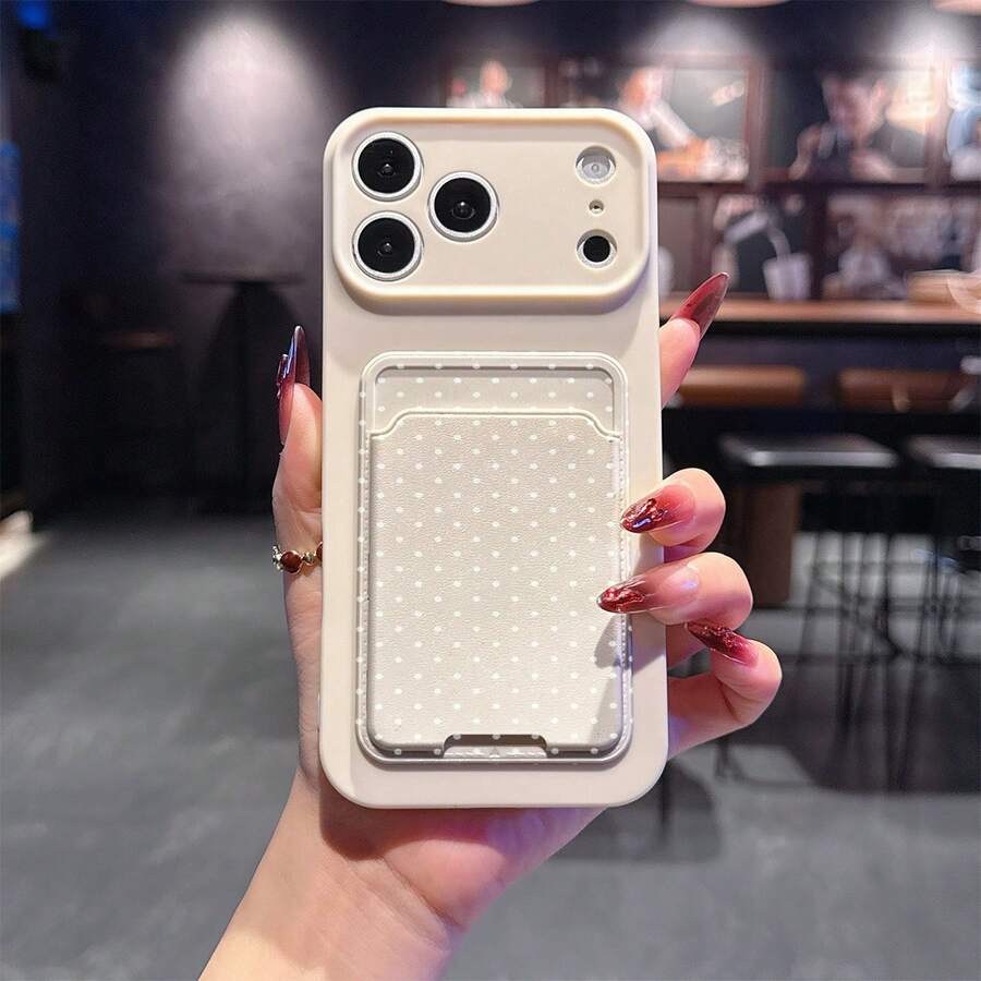 2pcs Set: Eye-Catching Cream White Self-Adhesive Card Holder TPU Shockproof Full Coverage Precise Protection Case Compatible With Apple 11/12/13/14/15/16/17 Pro Max - Antique White - View 1