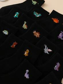 5/10 Pasang Kaos Kaki Anak-Anak Motif Dinosaurus Bordir Kartun Lucu, Kembali ke Sekolah, Pengiriman Acak - Hitam - View 6