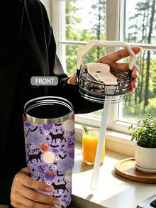 1pc/5pcs 30oz Halloween Witch Black Cat Stainless Steel Insulated Tumbler With Handle And Straw, Cute Black Cat, Witch Hat, Pumpkin And Spider Web Print, Leak-Proof Flip Lid, Suitable For Travel, Work, Fitness And Daily Outdoor Use - Light Purple - Black Cat Pumpkin - View 5
