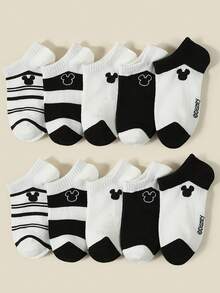Disney Socks /Mickey Mouse 1/5 Pairs Spring/Summer Kids Short Socks, Classic Black & White Striped Patchwork, Playful Cute Mickey Mouse Pattern Accents, Delicate Soft Skin-Friendly Comfortable School Invisible Socks, Simple Fashion Casual Breathable Sweat-Absorbing Durable Versatile Sports Socks, Suitable For Parties/Casual Sports/Holiday Gifts/Vacation Travel, Random Color/Style - Multicolor - View 6