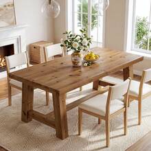 LITTLE TREE 63-Inch Solid Wood Dining Table, Farmhouse Kitchen Table For 4-6 People, Rectangular Wooden Dinner Table With Thick Top & Trestle Base,Natural Wood - Natural Wood - View 1