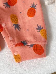 Orange Pink All-Over Pineapple Print Baby Long Sleeve Romper, Round Neck Full Snap Front Elastic Knit Newborn Outing Crawler - Orange - View 6