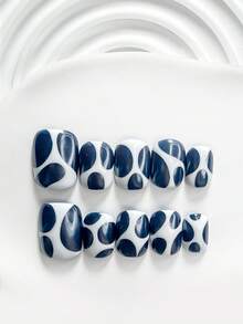 10片韓式極簡手工穿戴甲，Polygel美甲套組，手繪藍色指甲油，啞光田園風，附美甲工具，3種尺寸可選：方形、短方形、杏仁形，適合派對、跳舞、日常配戴 - 彩色 - 查看 14