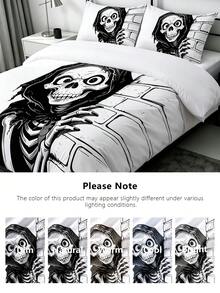 Blissful 3pcs Halloween Duvet Cover Set, Halloween Theme Comfortable Bedding Set, High-Definition Digital Print, Playful Skeleton Pattern, 1pc Duvet Cover With Four Corner Ties And Easy-To-Remove Zipper + 2 Pillowcases With Pockets, No Filling In Pillowcases And Duvet Cover, Suitable For Bedroom, Dorm (Boys And Girls Dorm Bedding) Or Travel - Black and White - View 4