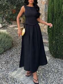 Women's Casual Black Sleeveless 2-Piece Set, Ruffle Top With Flowy Long Skirt, Elegant Non-Stretch Summer Outfit - Black - View 5