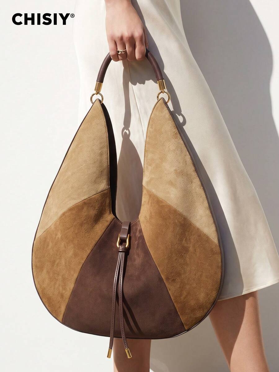 New Vintage Maillard Colorblock Shoulder Bag Large Capacity HOBO Commuter Tote Handbag - Brown - View 1