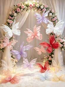 1pc 50cm Silk Artificial Butterfly, 3D Double Layer Mesh Wing Design, Rainbow Organza Pearl Butterfly Decor, Suitable For Birthday Party Decoration, Wedding Decoration, Large Mesh Artificial Butterfly, Store Window Display, Party Background Decoration - Multicolor - View 4
