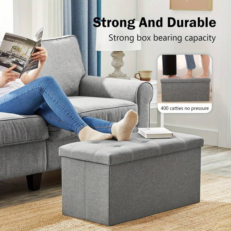 Senmeo 1pc, Rectangular Soft‑Seat Storage Ottoman, Sturdy & Foldable, Hidden Storage Compartment, Easy To Tuck Away, Ideal For Small Apartments And Frequent Movers, Gray.