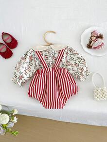 Miniweenns 2 قطعة/مجموعة قميص طويل الأكمام بطبعة كاملة مطرزة وياقة بيتر بان لطيف وكاجوال + شورت أوفرول مخطط للبنات الصغيرات - متعدد الألوان - مشاهدة 12