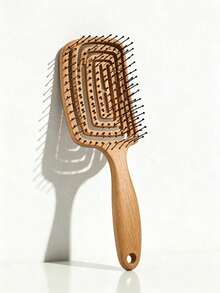 1pc Hollow Curved TPE Wood-Color Hair Comb, Wet & Dry Use, Soft Massage Detangling Brush, Suitable For Smoothing Frizzy Hair, Blowout Styling, Travel, Salon And Bathroom Hair Care Accessory - Multicolor - View 2
