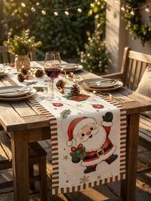 Christmas Cartoon Long Table Runner, Playful Cartoon Style, Santa Claus & Reindeer, Cream Background With Gift Box, Colorful Ball & Snowflake Print, Long Tablecloth Decoration For Living Room Coffee Table, Holiday Gathering And Winter Party Decor - Multicolor - View 5